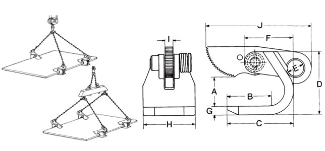 Ho型橫吊鋼板鉗使用圖與尺寸圖：龍海起重工具